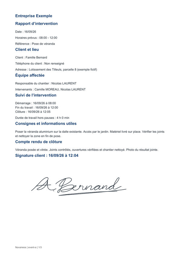 Première page A4 du rapport fictif : informations du chantier, horaires, compte rendu et signature du client.
